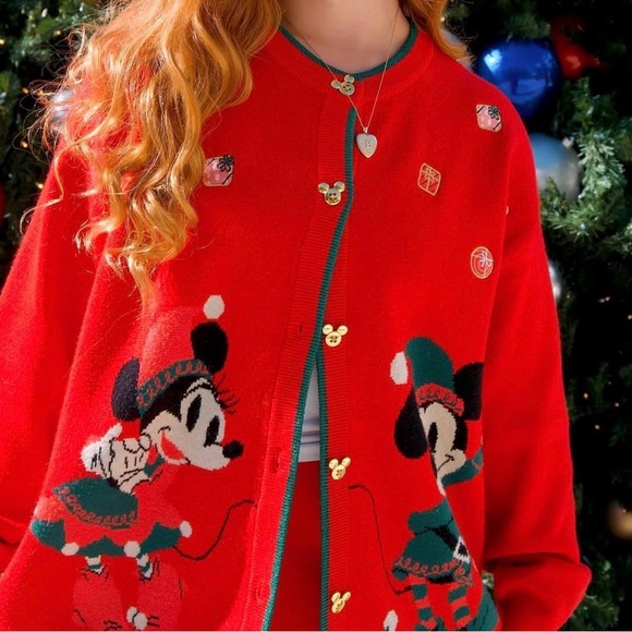 Disney Sweaters - Disney Festive Red Cardigan with Mickey and Minnie
